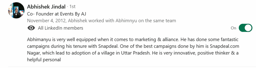 Abhishek Jindal Linkedin Testimonial