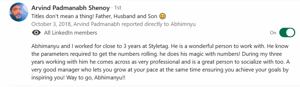 Arvind Shenoy Linkedin Testimonial