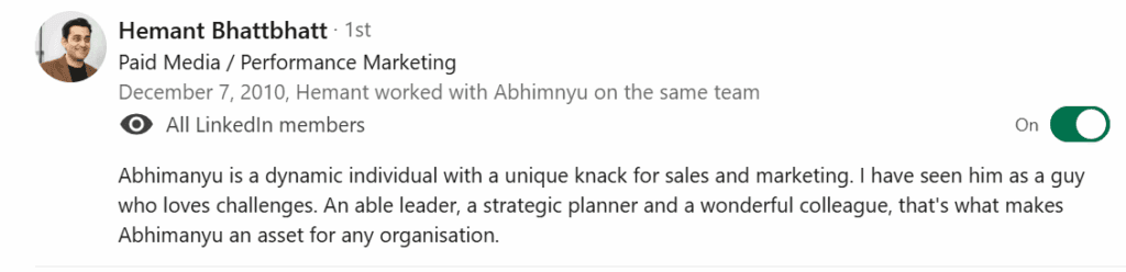 Hemant Bhatbhat Linkedin Testimonial