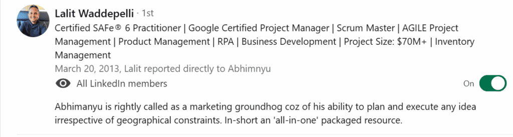 Lalit Wadepelli Linkedin Testimonial