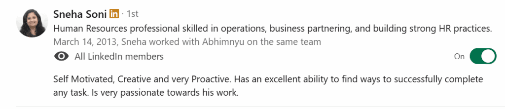 Sneha Soni Linkedin Testimonial