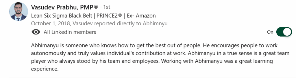 Vasudev Prabhu Linkedin Testimonial