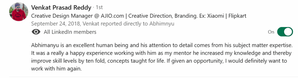 Venkat Reddy Linkedin Testimonial