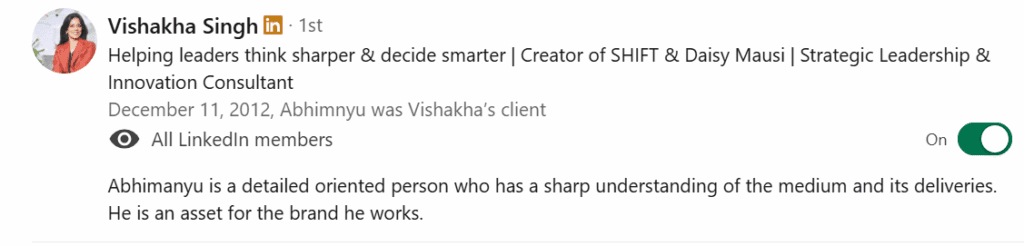 Vishakha Singh Linkedin Testimonial